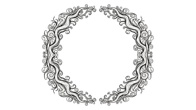 Ornamental circular frame vector illustration with swirling vine patterns, elegant symmetrical border, decorative artistic design, intricate black line art, stylish motif, isolated graphic element col