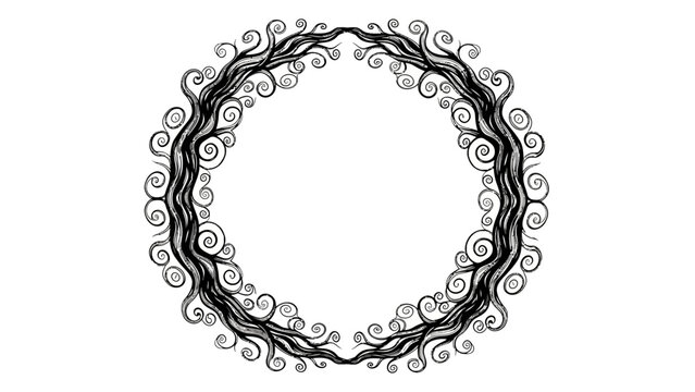 Ornamental circular frame vector illustration with swirling vine patterns, elegant symmetrical border, decorative artistic design, intricate black line art, stylish motif, isolated graphic element col