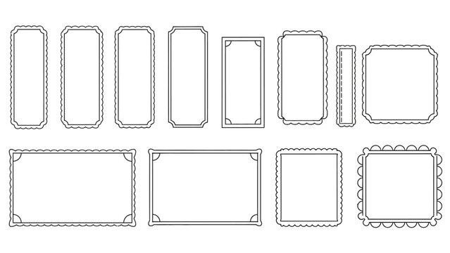 Decorative frames vector illustration with ornate borders, rectangular, oval, shield shapes, scalloped edges, beveled outlines, creative ornamental design elements, graphic art collection, isolated li