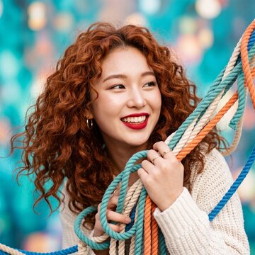 Cheerful Asian woman with curly red hair and bright red lips holds thick colorful woven ropes. The teal background conveys a vibrant, highly joyful, and purely playful energy.
