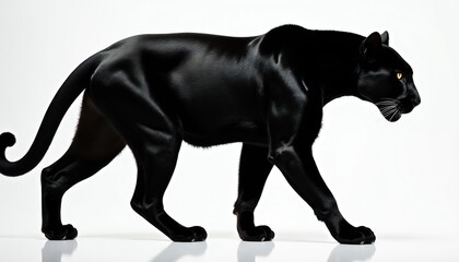 Fototapeta premium Black panther prowls forward on plain background. Muscular mammal walks with yellow eyes and white whiskers. Powerful predator shows sleek black fur coat and graceful body movement.