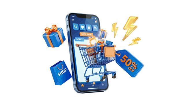 Vector illustration of 3d smartphone with shopping cart, gift boxes, and 50 percent off sale tag on a transparent background