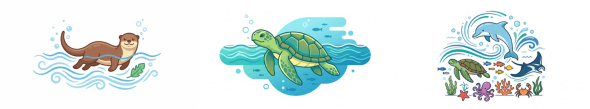 Cartoon otter, sea turtle, and dolphin underwater illustration set (1)