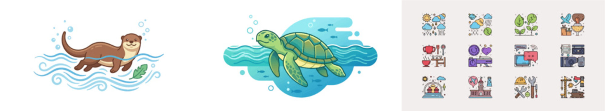 Cartoon otter and sea turtle swimming in ocean with bubbles (3)