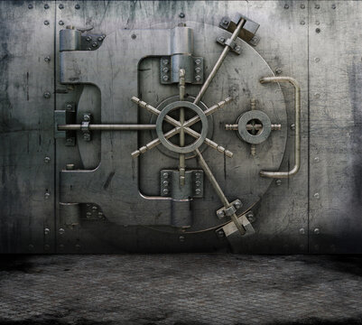 Heavy metal bank vault door with steel textured wall and floor during dramatic lighting concept
