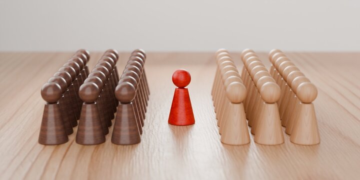 3d wooden pawn figurines with one highlighted in red, criticism, social state of mind, disagreement, social issues