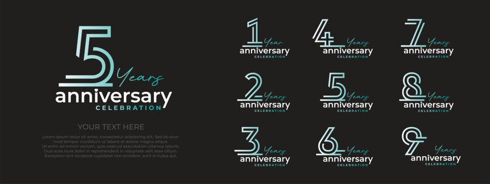 Set of anniversary logo style, vector design dark cyan color text on balck background for celebration