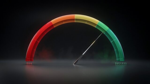 Arched gauge with a pointer indicating a range from risk to success a 3d render meter indicator measurement