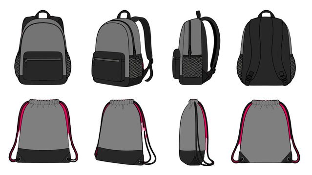 Backpack and drawstring bag mockup set in multiple views