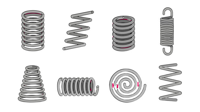 Set of metal coil and torsion spring vector illustrations