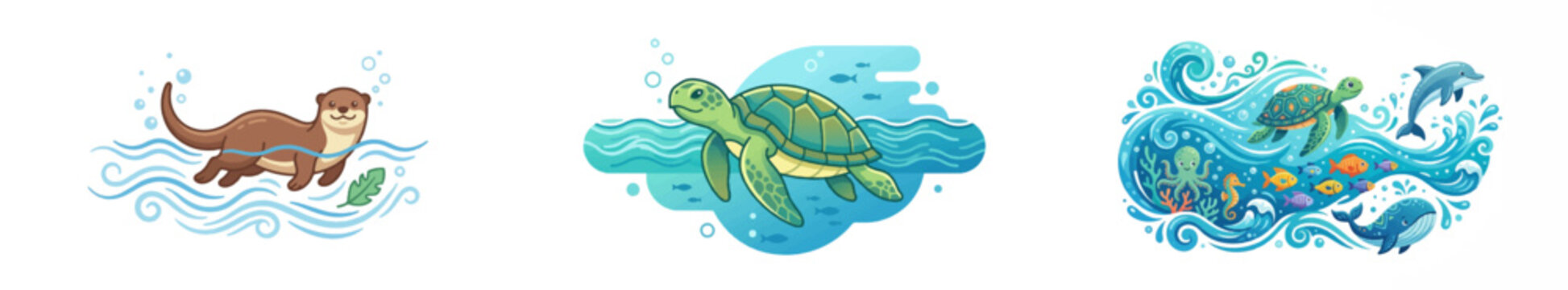 Cartoon marine animals swimming in ocean waves: otter, turtle, dolphin, whale