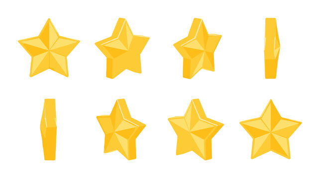 Golden five pointed star icon shown from multiple angles