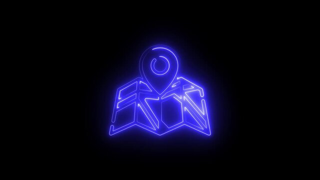 Neon map location pin glowing blue animation on black background, navigation