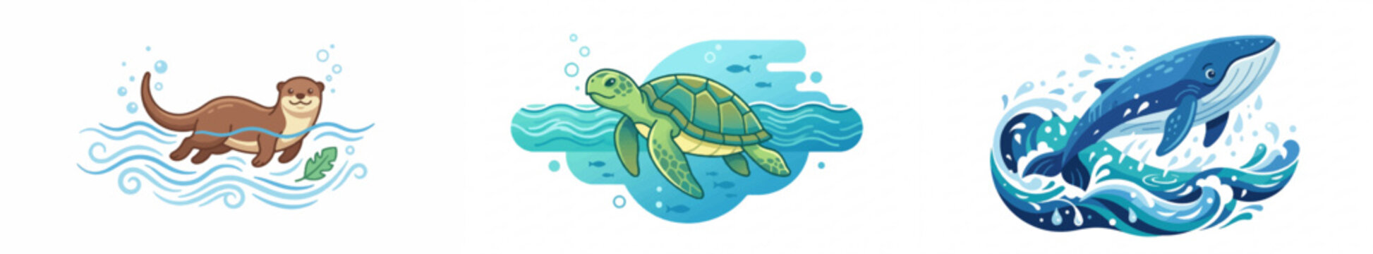 Cartoon otter, sea turtle, and whale swimming in ocean waves