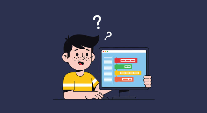 Young boy learning computer programming and coding while looking confused with question marks on a dark background.