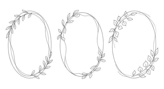 Set of three delicate oval leaf frames in black and white line art for botanical and minimalist wedding stationery.