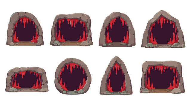 Set of cartoon cave entrances with glowing red interiors