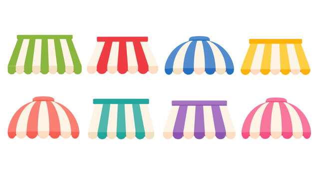Set of colorful striped shop awnings in flat vector style