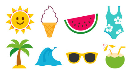 Obraz premium Summer vacation sticker set with sun, wave, fruit and beach icons