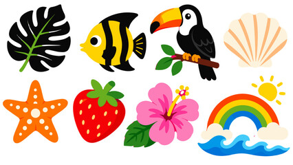 Fototapeta premium Tropical summer icon set with toucan fish shell and rainbow
