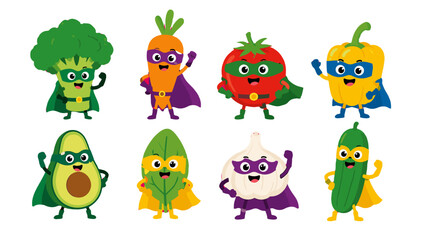Cute superhero vegetables and avocado cartoon character set © icon_art