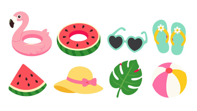 Summer vacation icons with flamingo float and beach accessories