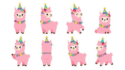 Naklejka premium Set of pink llama characters with party hats and flower garlands