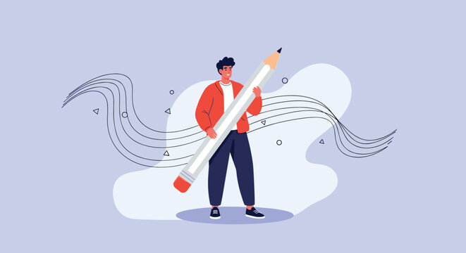 Creative young man in a red jacket holding a massive pencil while surrounded by abstract musical notes and shapes.