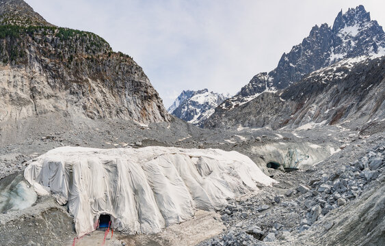 Mer de Glace glacier protected with geotextile covers in the French Alps