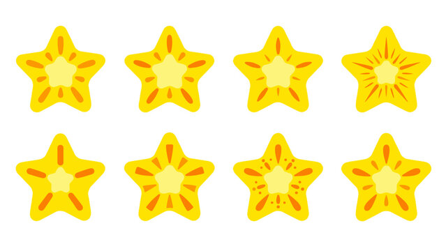 Set of yellow star fruit slice icons in flat vector style