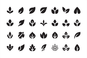 Fototapeta premium Set of black leaves icons isolated on white background flat graphic elements for floral nature design.