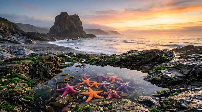 starfish in tidal pool at sunset sea