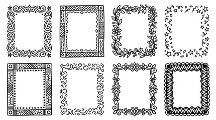 Obraz premium Elegant Black Ornamental Calligraphic Rectangle Border Frame Set Hand Drawn Decorative Vintage Design on White Background