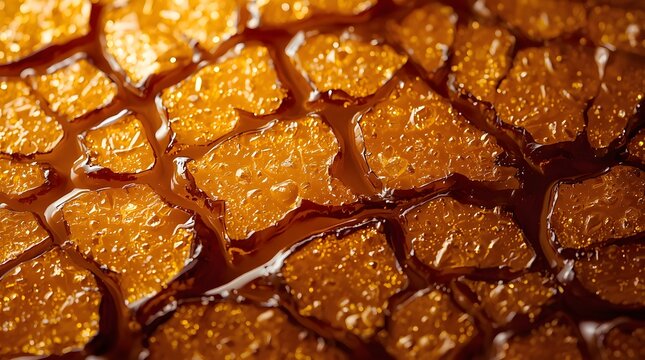 A close-up view of golden brown sugar cubes stacked together with a shiny surface.