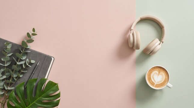 A flat lay of a notebook, headphones, coffee, and plants on a pastel background