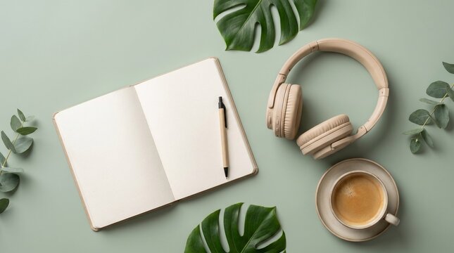 Flat lay of notebook, headphones, coffee, and leaves on green background