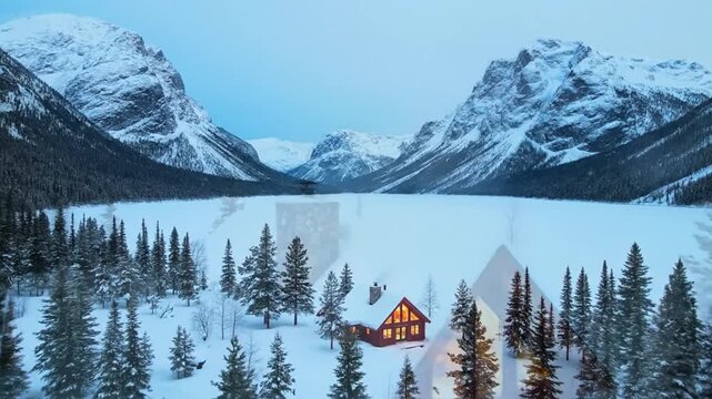 Snow covered wooden cabin with warm lights in a winter mountain landscape