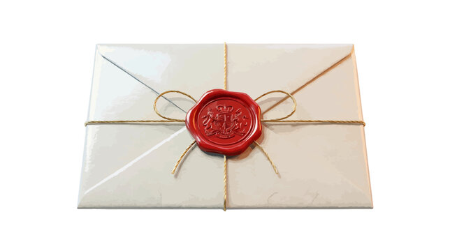 Vector illustration of elegant white envelope with gold string and red wax seal on a transparent background