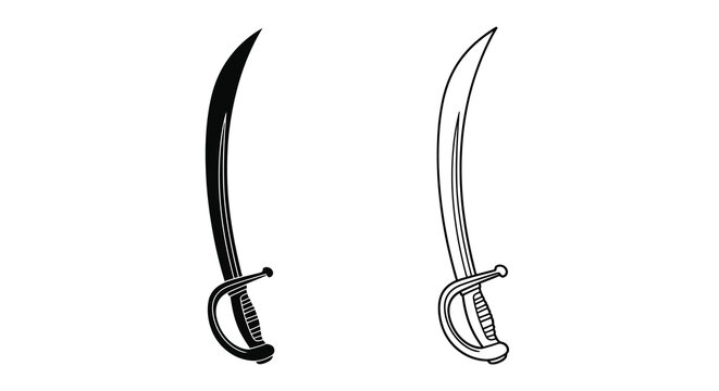 Curved saber swords black and white line art silhouette