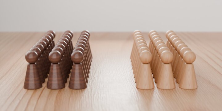 light and dark pawn figurines facing eachother, conflict, disagreement, arguments