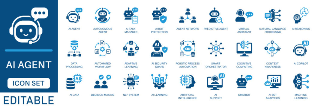 AI Agent icon set. featuring artificial Intelligence, machine learning, autonomous agents, Automated Workflow, robotic process automation , AI copilot, and data analytics in a clean blue flat design.