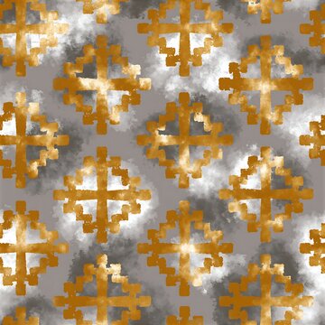 Watercolor gold khachkar seamless pattern on grey background