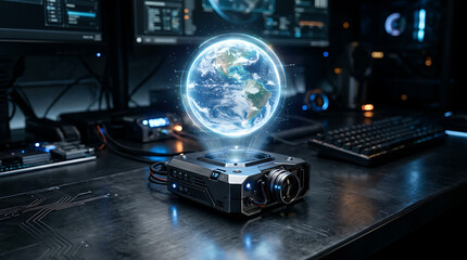 Fototapeta premium Advanced holographic projector displaying a luminous Earth globe in a futuristic tech environment, showcasing global data visualization.