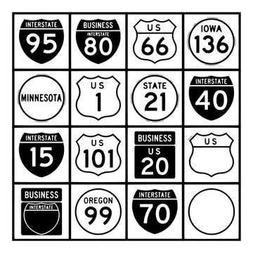 Collection of us highway and interstate traffic sign symbols with interstate navigation transportation direction business collection infrastructure transport
