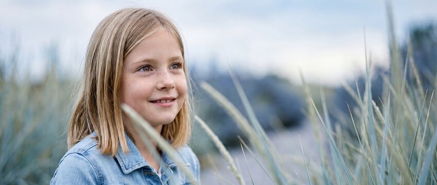 Happy blonde girl with freckles smiling in beach grass outdoors wearing denim jacket during bright summer day, portraying childhood joy, innocence, youth, peace, and serene coastal landscape settings.