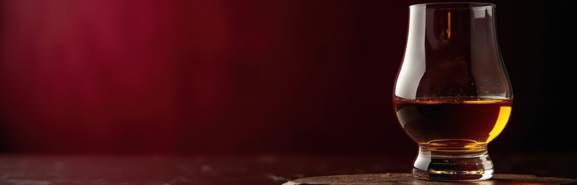 Amber color alcoholic beverage in tasting glass on dark moody background. Single malt whisky spirit enjoyed indoors at home or bar. Classic aperitif or digestif drink preparation.