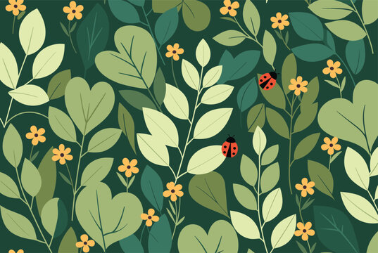 Seamless pattern of green leaves and heart shaped foliage with small yellow flowers and red ladybugs on a dark green background for nature design.