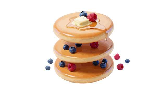 Vector illustration of stack of delicious pancakes with butter, syrup, blueberries and raspberries on a transparent background