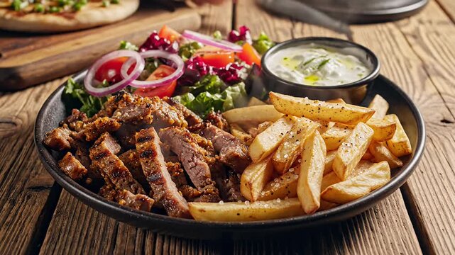 Grilled beef strips with french fries and fresh garden salad