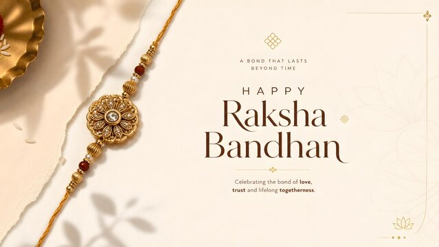 Elegant Golden Rakhi Thread with Leaf Shadow and Delicate Flower Outlines Graphic Illustration for Happy Raksha Bandhan Festival Minimalist Greeting Banner Background